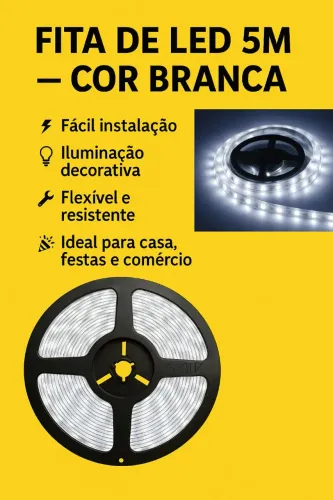 Fita led branco frio 5 metros com fonte