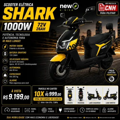 Scooter Elétrica New E-Bike Shark 1000W 72V Grafeno Até 95km Autonomia