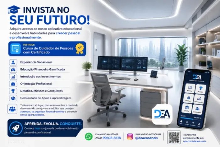 Curso de Cuidador de Pessoas+ app educacional com educacao financeira e testes vocacionais