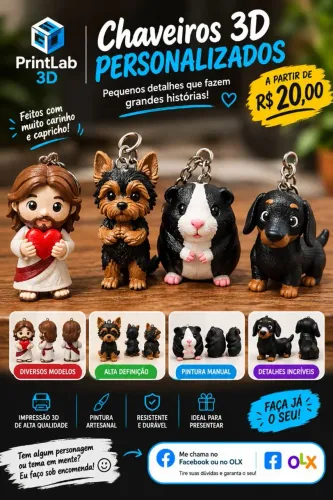 Chaveiro 3D Personalizado Pintado à Mão - Pets, Personagens e Mais.