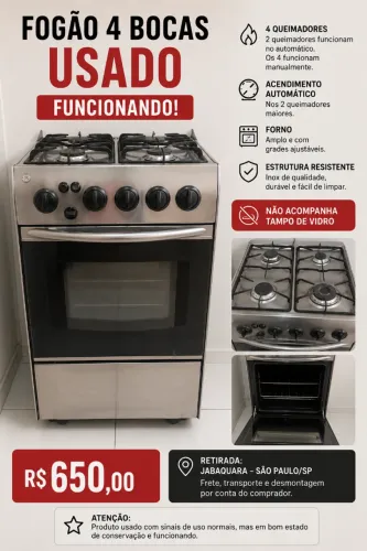 Fogão 4 Bocas GE (General Electric) Inox - Usado e Funcionando