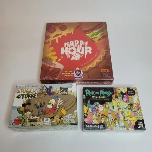 Combo jogos de tabuleiro Fuga da Torre, Happy Hour e Rick e Morty Total Rickall