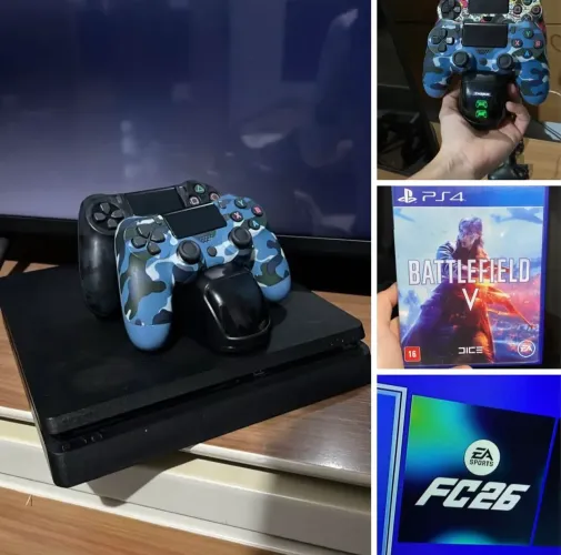 PS4 Slin 1Tb c/ 2 controles + Base carregador duplo Doc + Jogos