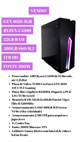 PC GAMER RYZEN 5 5500 GTX 1650 4GB 32GB RAM 480GB SSD M.2 1TB HD FONTE 500W