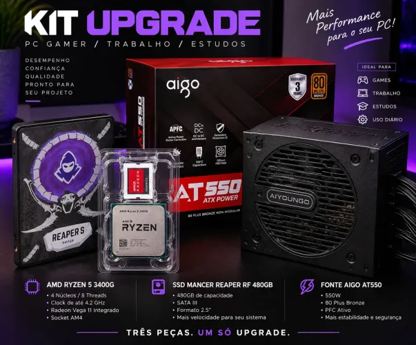 Kit Upgrade PC Gamer AMD Ryzen 5 + SSD 480GB + Fonte 550W