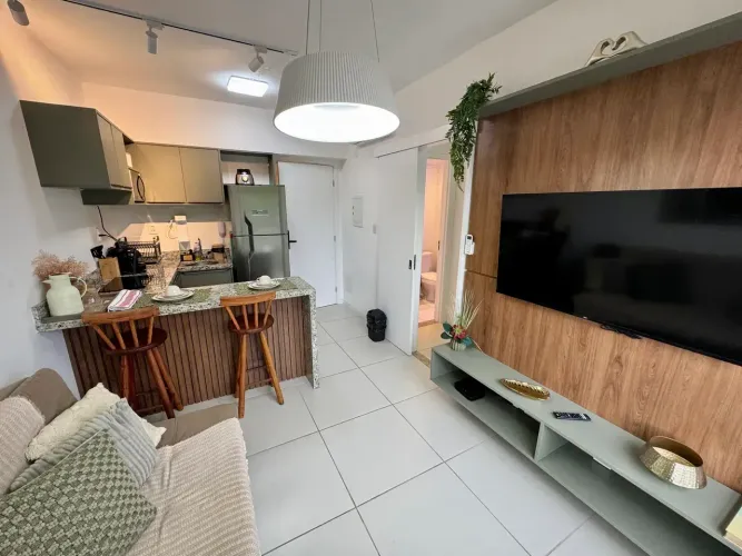 Apartamento mobiliado, novo, 1/4 e sala, 1 vaga, Edf. Blue Barra