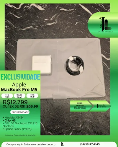 MACBOOK PRO M5, 1TB, 16GB RAM, TELA 14.2?, CHIP M5, ZERO SEM CAIXA, LANÇAMENTO!!