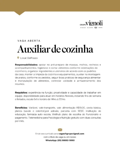Auxiliar de cozinha - Shopping Delpaseo