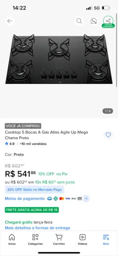 Fogão cooktop com 5 bocas Atlas