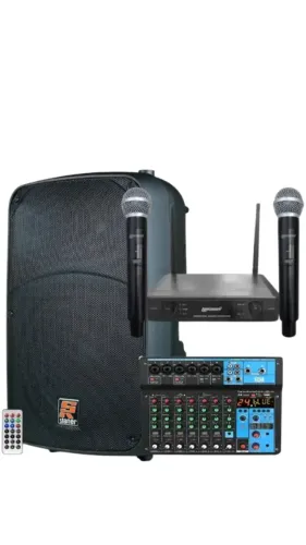 kit Caixa staner sr315a + Microfone Profissional Sem Fio Duplo Lm502 + mesa de som mx-8t