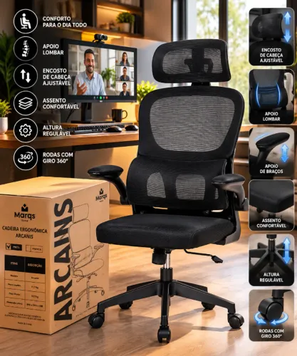 Cadeira de Escritório Presidente Ergonômica Marqs Home Arcanis Preta com Apoio Lombar