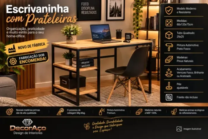 Escrivaninha Tampo e Prateleiras Pinus Veniz Imbuia Tubo Quadrado 25x25mm 60x120x75cm