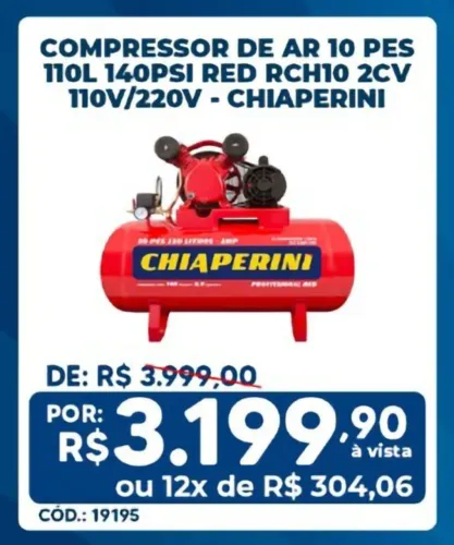 COMPRESSOR DE AR 10 PES 110L 2CV 140PSI RED RCH 10/110 220V - CHIAPERINI