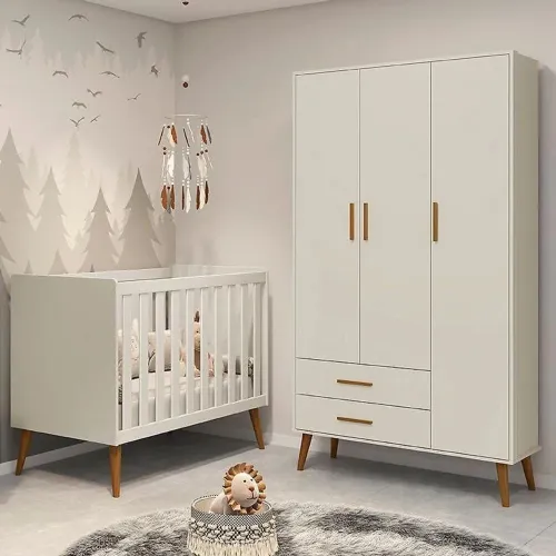Jogo De Quarto Infantil Isis Guarda Roupa 3 Portas E Berço Areia - Reller Móveis<br>