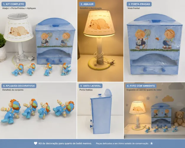 Kit Decoração Quarto de Bebê Azul - Abajur + Porta-Fraldas + Apliques