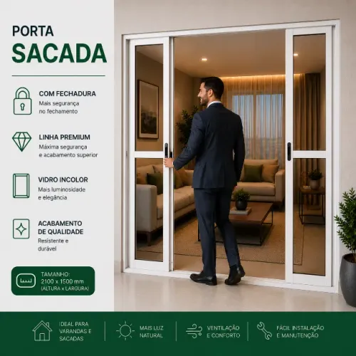 Porta Sacada 4 Folhas Linha Premium branca com Fechadura
