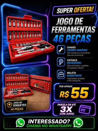 KIT DE SOQUETES E BITS DE 46 PEÇAS COM CATRACA