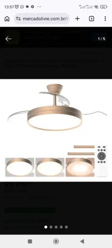 Ventilador de teto retrátil dourado 3 pás LED com controle remoto