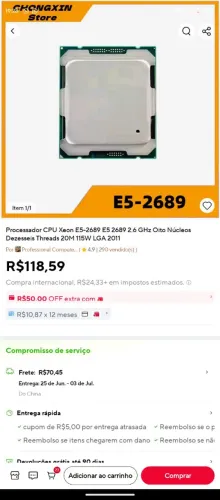 Processador xeon 2689 pouco uso 