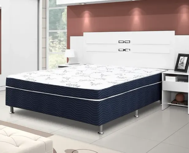 Colchão Casal Ortobom Com Base Box Casal Azul Marinho/Branco