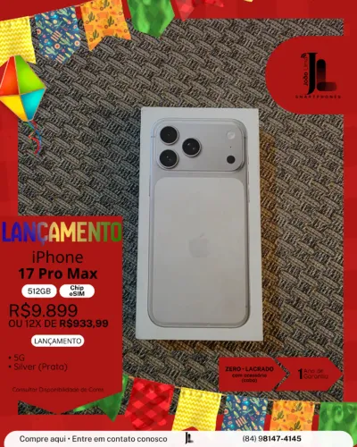 IPHONE 17 PRO MAX, 512GB, CHIP ESIM, SILVER (PRATA), LACRADO, LANÇAMENTO!