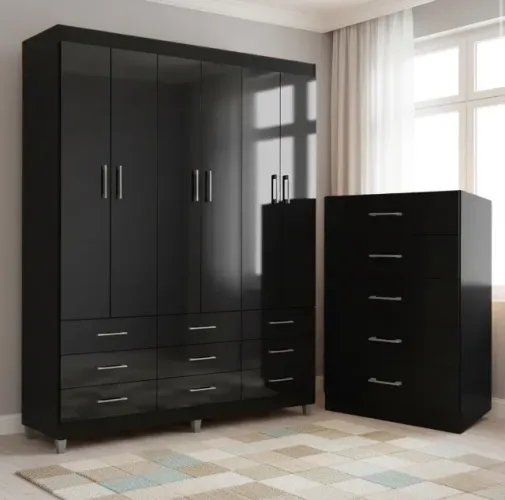 Guarda-Roupa Casal Orion 6 Portas com Cômoda Multiuso 5 Gavetas Preto