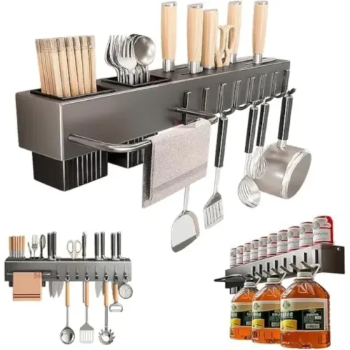 Suporte Organizador Utensílios Cozinha Parede 8 Ganchos Inox