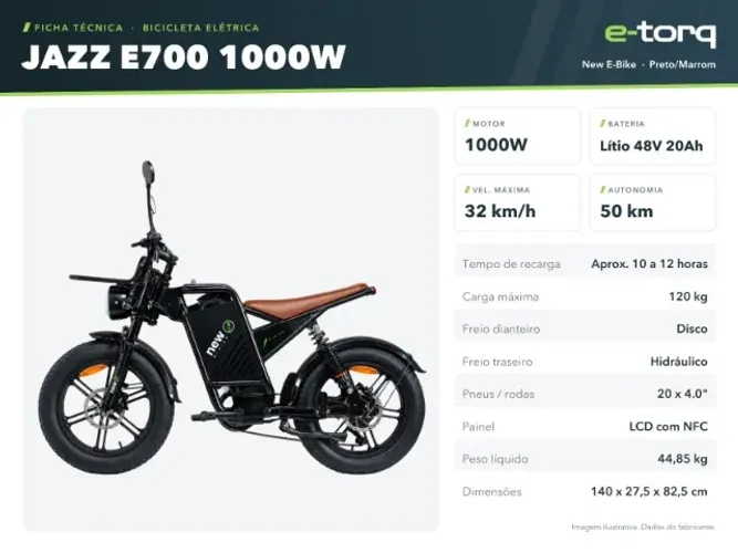 Bicicleta Elétrica Jazz E700 1000W Fat Aro 20 Lítio 48V 20Ah Nova Sem CNH