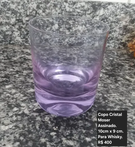 Copo Lilás Cristal Moser Assinado Antiguidade Raridade 10 cm x 9cm.