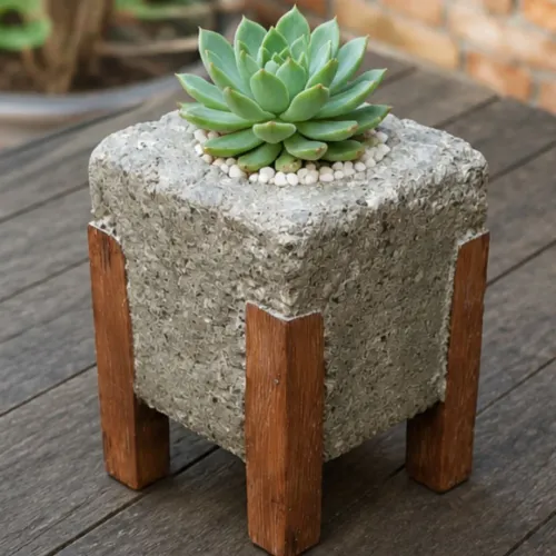Vaso para plantas com suporte de madeira