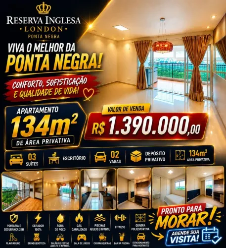 Reserva Inglesa Liverpool, Ponta Negra. Vista Livre, 134 m², 3 sts e 2 vgs