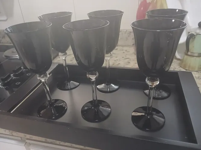 Jogo 6 taças com bandeja lacada preta