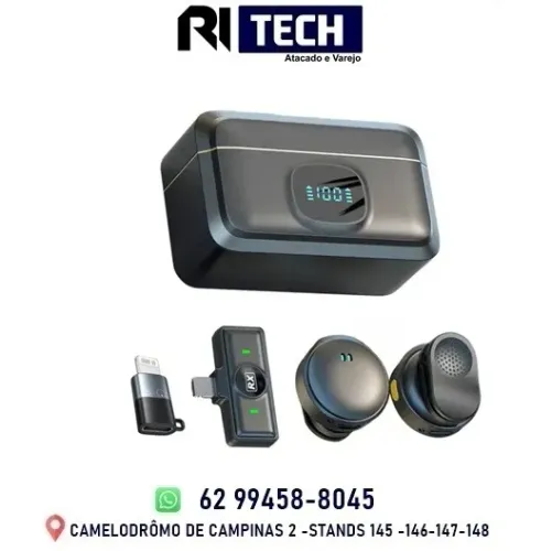 Microfone Lapela Duplo Sem Fio Usb-c / Lightning Android e iOs 2 em 1 Case Recarregável