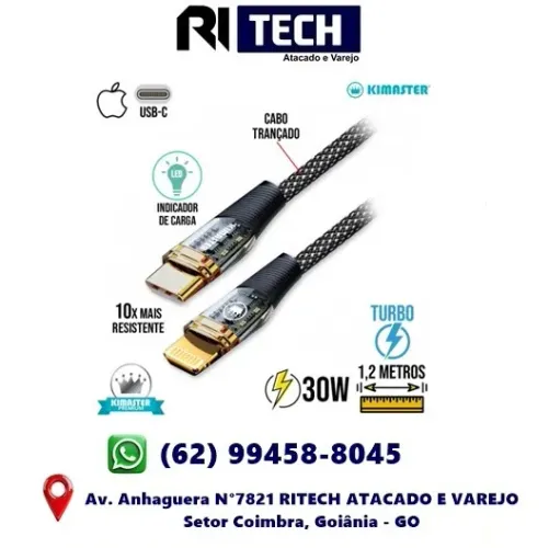Cabo Tipo C x Lightning 1,2m Turbo 30W CB827 Kimaster 1 Ano de Garantia