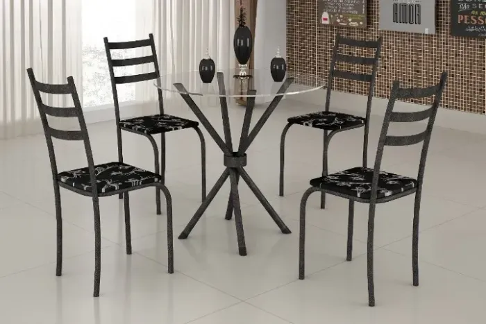 Mesa de Cozinha Maraba 75x75 Martelado Tampo Vidro Redondo com 4 Cadeiras 