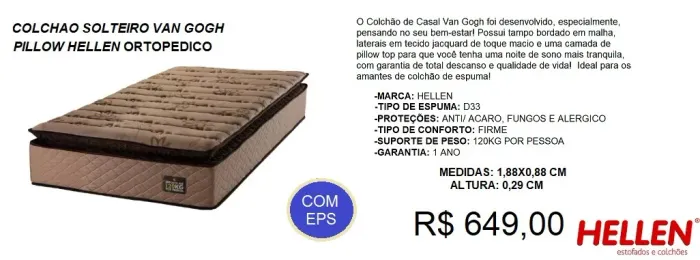 COLCHAO SOLTEIRO VAN GOGH ONE FACE BORDADO D33 COM PILLOW
