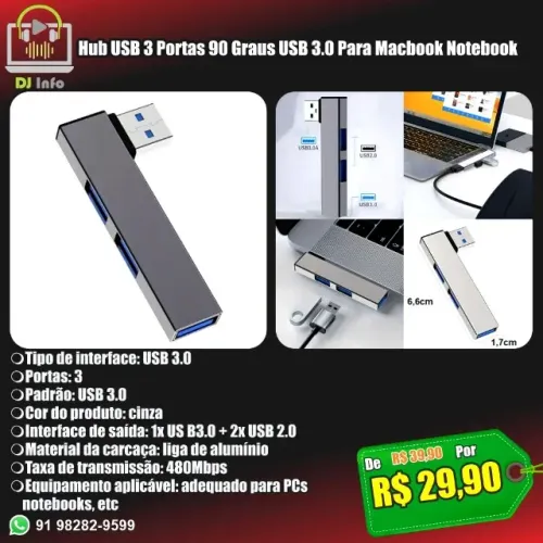 Hub USB 3 Portas 90 Graus USB 3.0 Para Macbook Notebook