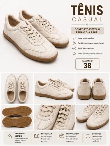 Tênis Casual Bege em Tecido - Super Confortável | Tam. 38