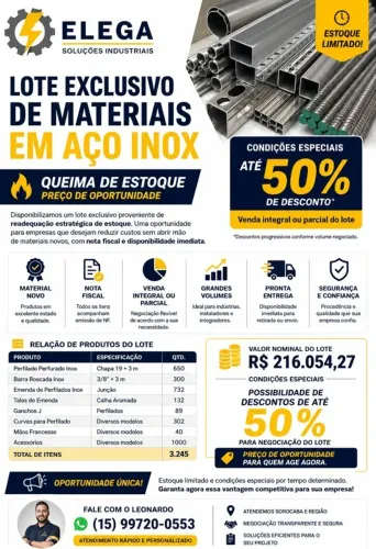 LOTE DE MATERIAIS EM AÇO INOX - MATERIAL NOVO | PRONTA ENTREGA A ELEGA