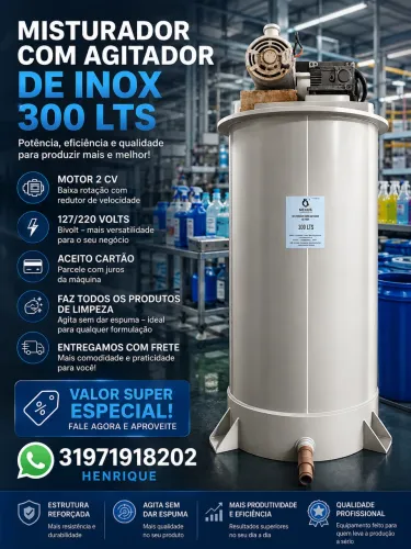 Misturador com agitador em inox para fazer produtos de limpeza 300 lts