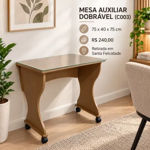 MESA AUXILIAR DOBRÁVEL COM TAMPO DE VIDRO (C003)