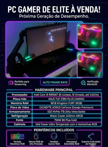Setup Gamer Completo: PC i9 9900KF + Monitor + Periféricos RGB + Suporte