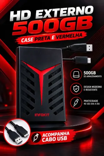 HD Externo 500GB Infokit USB 3.0 Case Preta e Vermelha