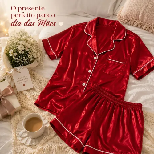 ? Presente Dia das Mães | Pijama Americano Feminino de Cetim | Entrega até Amanhã