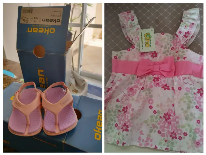 Conjunto infantil bata/vestido nr 4 e sandália nr 18 ou 19