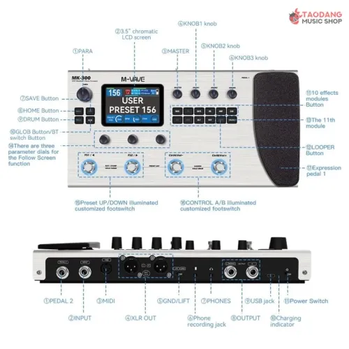 Pedaleira M-VAVE MK300 - 24bit All-in-One Guitar/Bass Rig - Prata - Zeradaaaa!