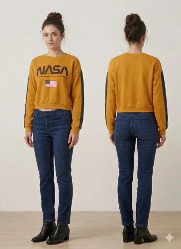 Moletom Feminino Crop NASA Mostarda com Faixa na Manga