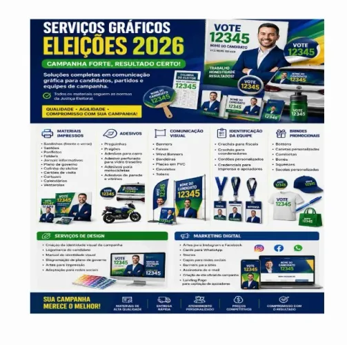Eleições 2026:  Praguinhas, wind banner, pragão , adesivo perfurado 