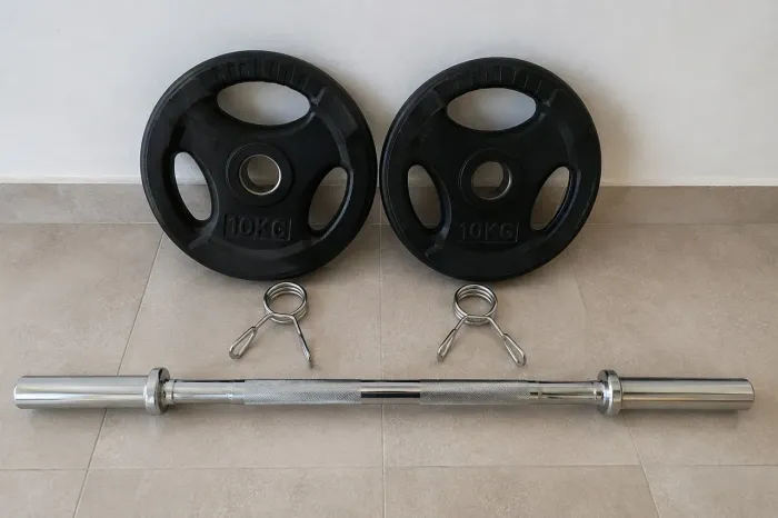 Uma barra cromada e 2 anilhas de 10kg 