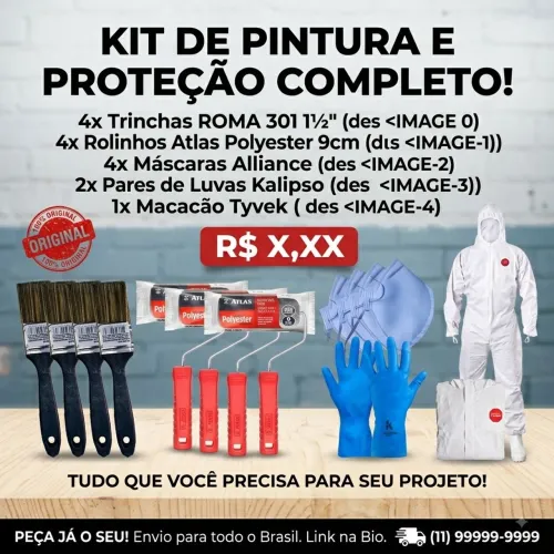 Kit 4 trincha 4 rolinhos 4 máscaras descartáveis 2 luvas e 1 macacão tyvek